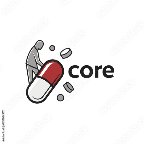 Abstract minimalist illustration of a person interacting with a large red and white capsule and pills