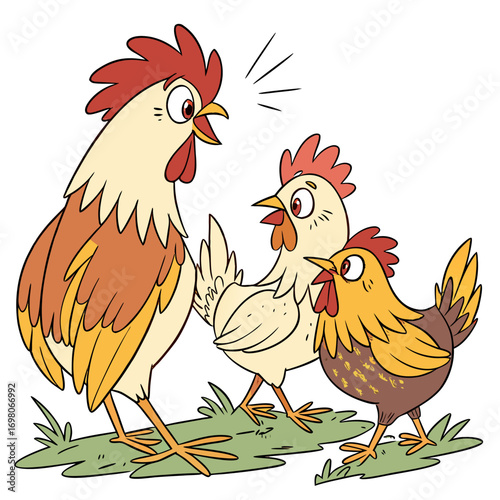 Cartoon rooster talking to two hens on green grass with white background