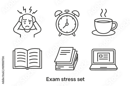 Exam stress icons: alarm, coffee, books, laptop, frustrated person