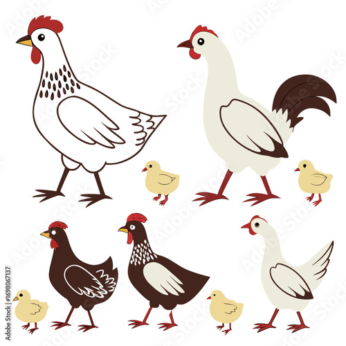 Collection of cartoon chickens and chicks in various colors and styles on a white background