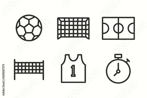 Soccer and basketball icons: ball, goal, court, net, jersey, stopwatch