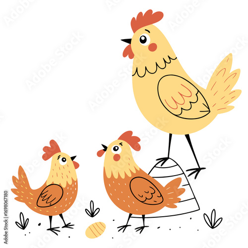 Cute cartoon chickens and an egg in a simple illustration style on a white background