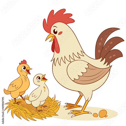 Cute cartoon rooster and two chicks in a nest with eggs on a white background