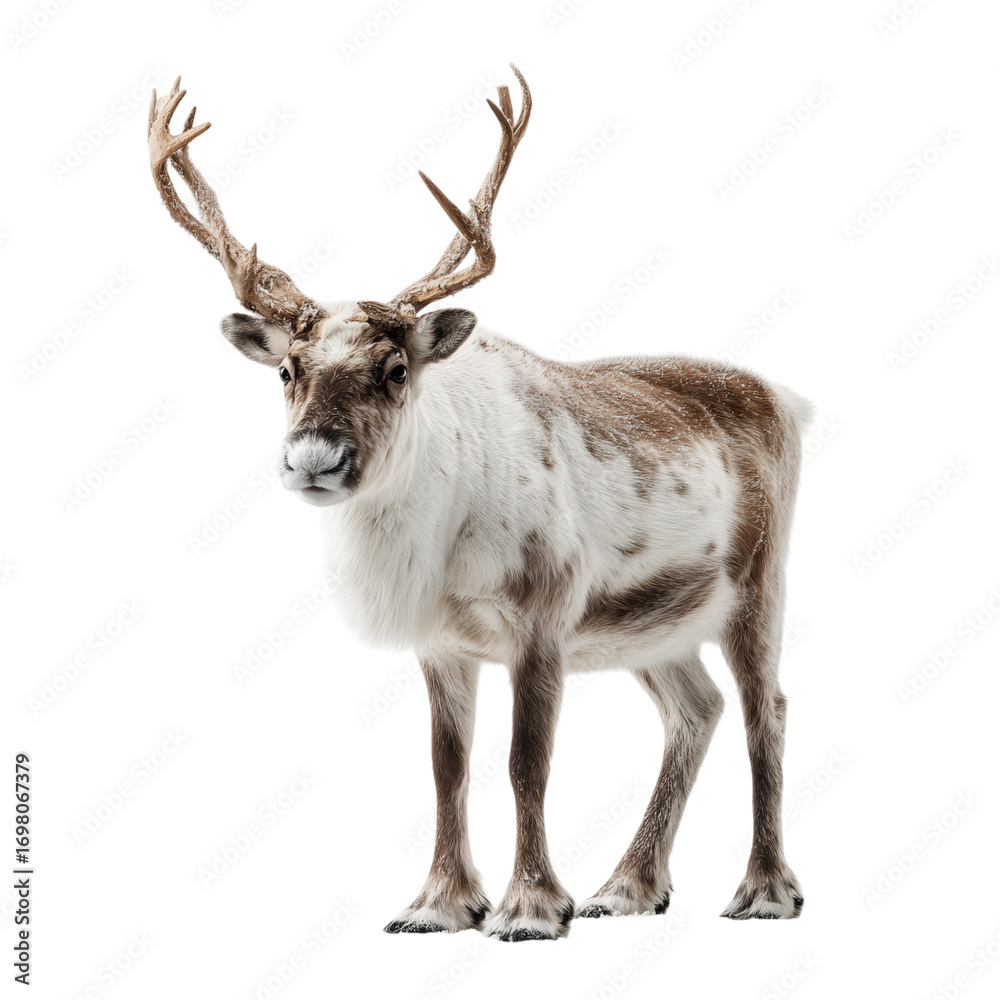 Fototapeta premium A solitary reindeer with magnificent antlers, standing proudly in a crisp, pristine composition.