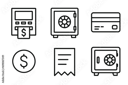Atm, safe, credit card, dollar coin, receipt icons in black and white line art