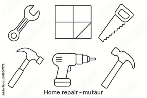 Essential home repair tools: hammer, wrench, drill, saw for diy projects