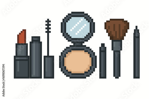 Pixel art makeup set: lipstick, mascara, compact, brush, and eyeliner