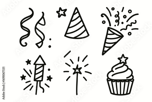 Festive doodles: party hat, confetti, fireworks, and cupcake celebration icons