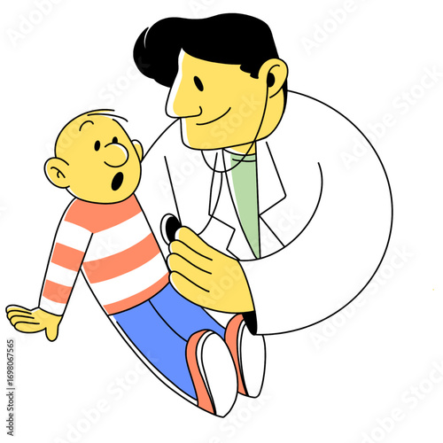 Cartoon illustration of a doctor examining a young child with a stethoscope, representing pediatric healthcare and friendly medical care