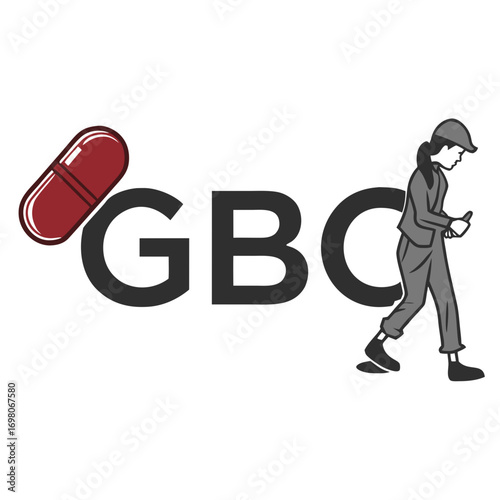 Stylized gbc logo with a red capsule and a person walking while looking at a phone