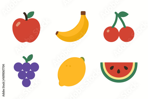 Colorful fruit icons featuring apple banana cherry grapes lemon watermelon