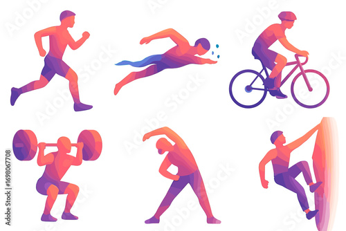 Colorful gradient figures engaging in diverse sports activities: running, cycling, swimming, weightlifting, stretching, climbing