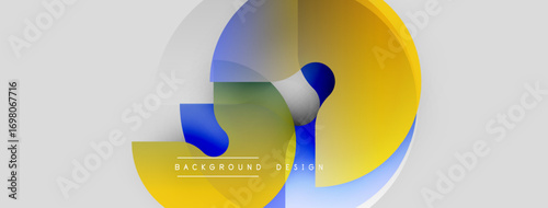 Abstract geometric shapes overlap. Blue, yellow, green hues blend. Minimalist design suggests modern background texture.