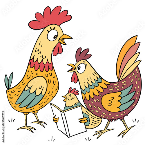 Three cartoon chickens one reading a book to the other two chickens in a field