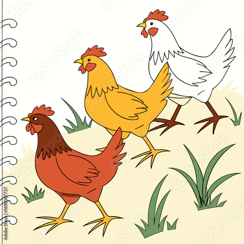 Three cartoon chickens of different colors walking together in a grassy field