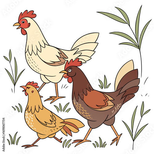 Three cartoon chickens of different colors walking together in a grassy field with a white background