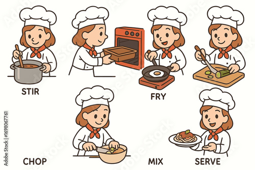 Young female cartoon chef cooking series: stirring, baking, frying, chopping, mixing, serving