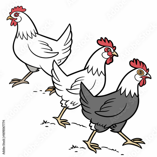 Three cartoon chickens walking in a line with different colored feathers and distinct expressions on white background