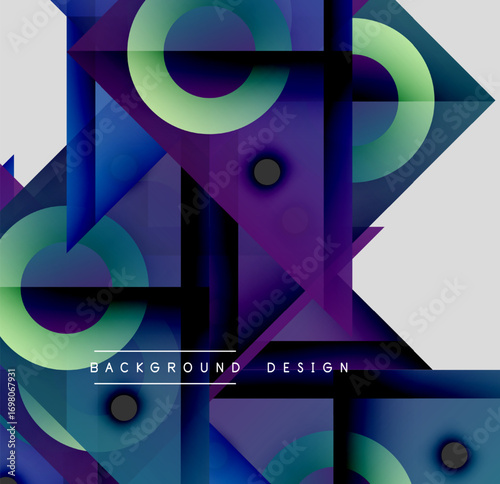 Abstract geometric shapes overlap, creating vibrant color gradients. Modern design features circles, triangles, rectangles. Background suggests digital art.