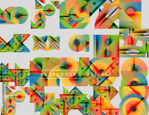 Abstract geometric patterns, vibrant colors, modern design elements. Background features overlapping shapes, circles, triangles, lines.