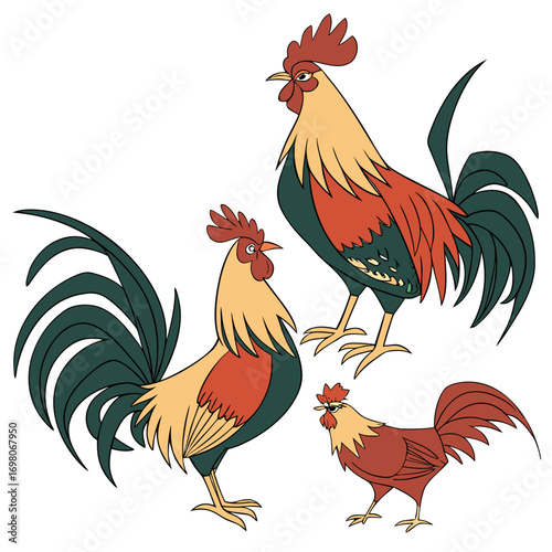 Three stylized roosters with distinctive feathers and colorful plumage standing against a white background