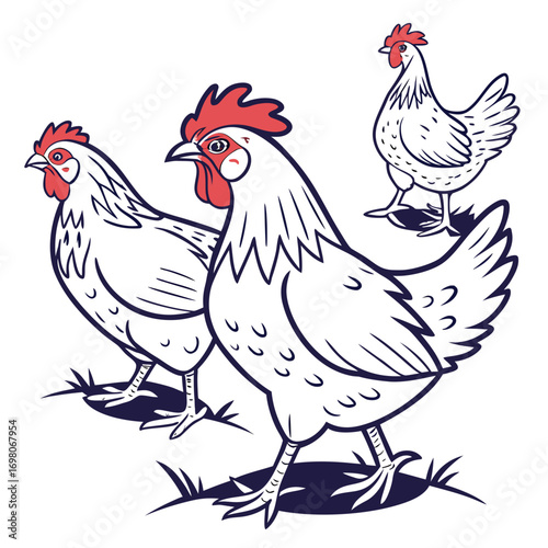 Three stylized white chickens with red combs and wattle walk across a white background with grass