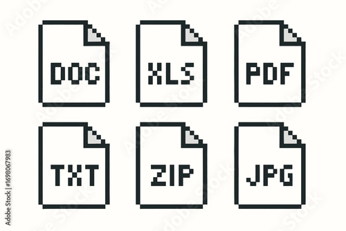 Pixel art icons representing common document file types: doc, xls, pdf, txt, zip, jpg