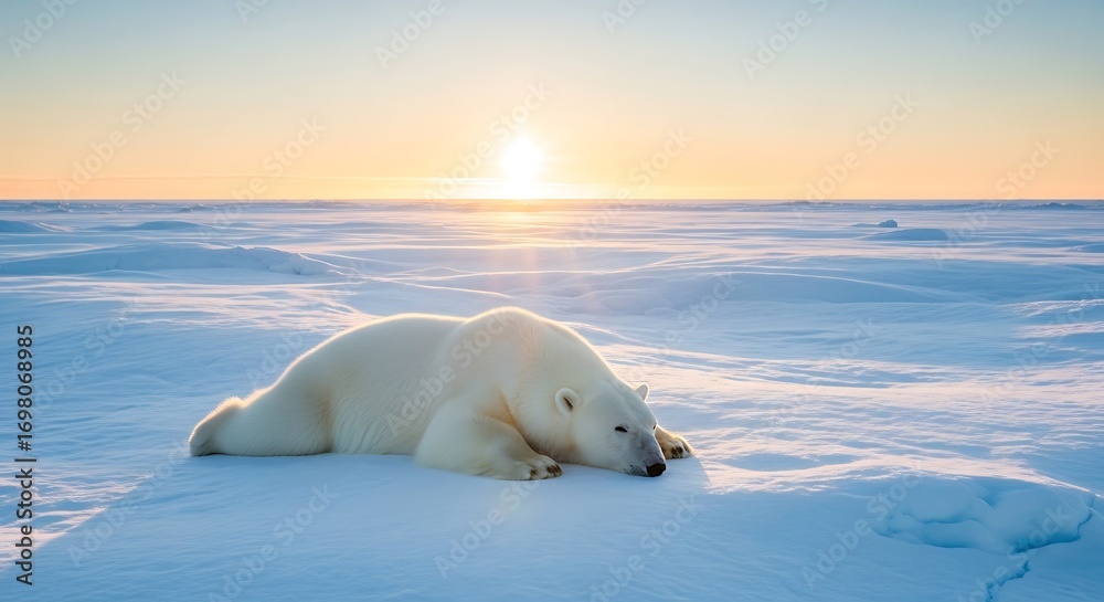 Naklejka premium A majestic polar bear rests peacefully on the vast, snow-covered Arctic landscape under a soft, glowing sunset.