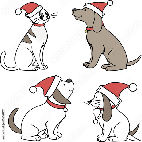 Cartoon cat and dog wearing santa hats on white