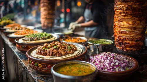 Street food stall showcases tacos with various toppings and shawarma. Use it for articles about global cuisine or food photography blogs.