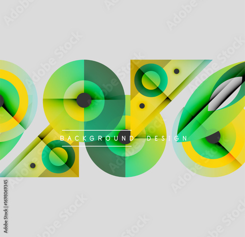 Abstract geometric shapes, vibrant green yellow hues. Modern design elements create dynamic visual composition. Background features circular, square forms.