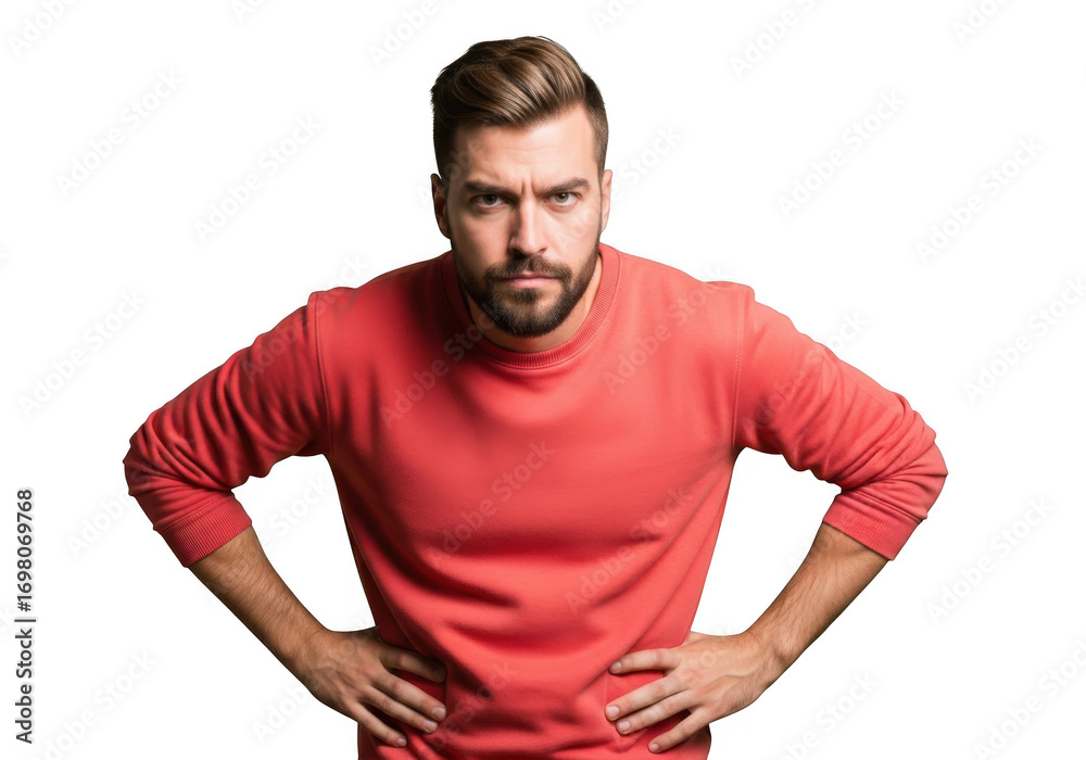 Obraz premium Stern man with hands on hips portrait, serious expression, red shirt, studio shot, male model, isolated image isolated on transparent background