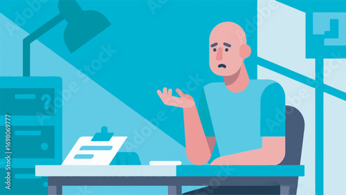 illustration of a man sitting at a table with a confused expression vector design template
