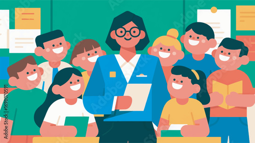 illustration of a teacher surrounded by students with happy expressions vector design template
