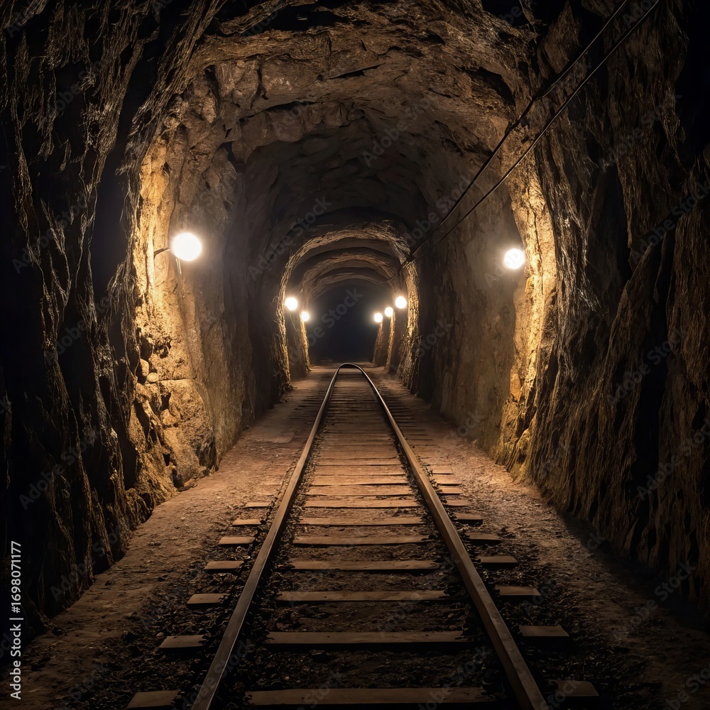 Fototapeta premium Dark long mine tunnel, illuminated by dim rustic light lamps, with rugged stone walls and an old iron rail track
