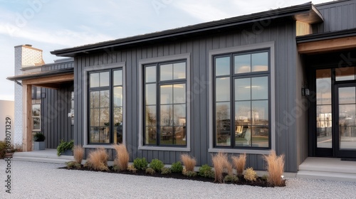 Wallpaper Mural Modern home exterior with large dark windows and gray siding. Minimalist architecture and contemporary design for residential living. Torontodigital.ca