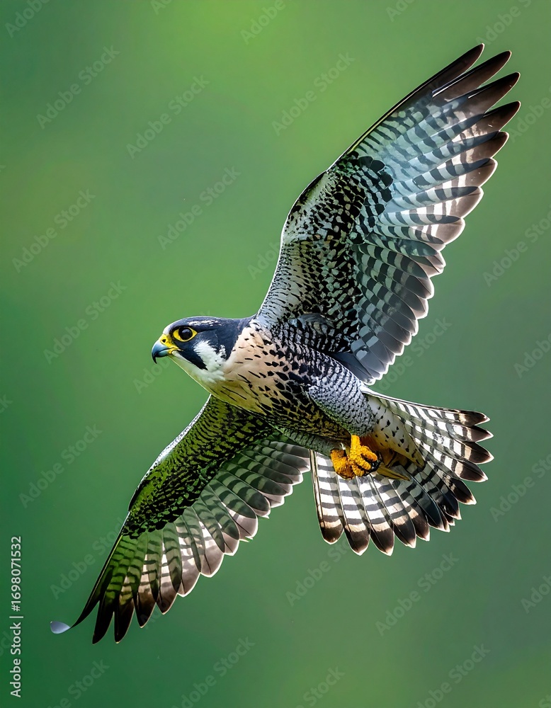 Fototapeta premium Halcón de Eleonor (Falco eleonorae) en pleno vuelo, alas extendidas, mostrando el detalle del plumaje y su silueta aerodinámica. Fondo completamente verde chroma key uniforme, sin sombras ni elementos