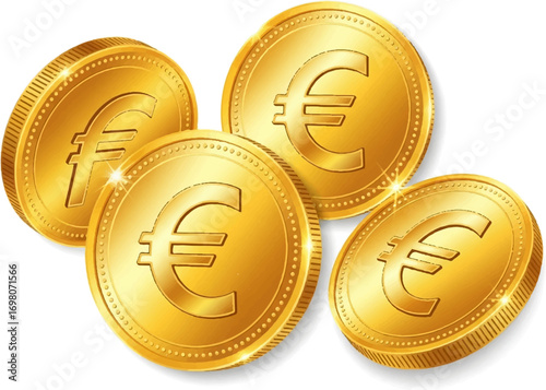 Shiny Golden Euro Coins Isolated on White Background