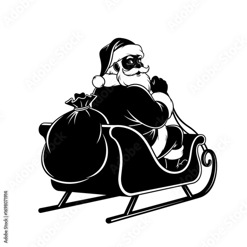 Vector art of santa claus riding sleigh with bag of gifts