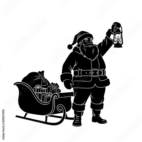 Vector art of santa claus with lantern and sleigh full of gifts