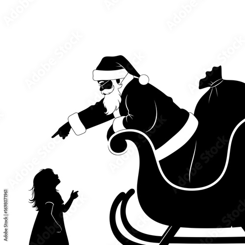 Vector art of santa claus in his sleigh pointing at a little girl