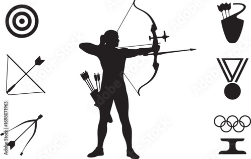 Archery Sport Silhouette with Bow and Arrow Target, Olympic Rings and Medal Vector Design