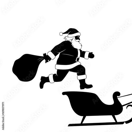 Vector art of santa claus with a bag running to his sleigh