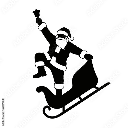 Vector art of santa claus ringing a bell while standing on his sleigh