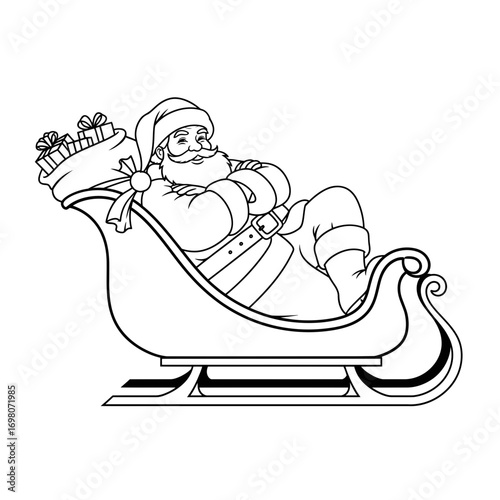 Vector art of santa claus relaxing in his sleigh with a bag full of presents