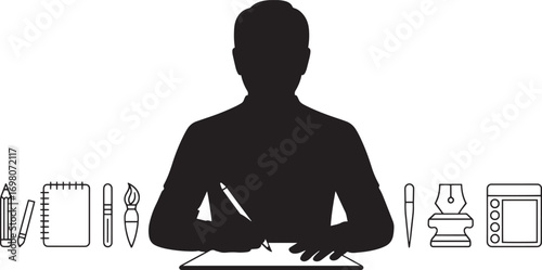 Creative Professional Vector Illustration Featuring a Person Writing with Art Supplies