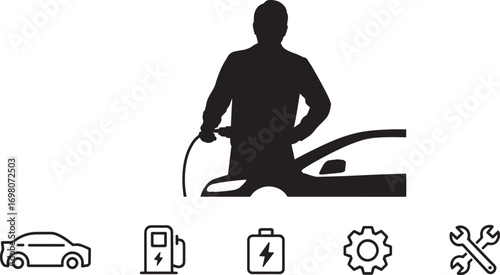 Electric Vehicle Charging Station Icon with Person and Car Silhouette on Transparent Backdrop