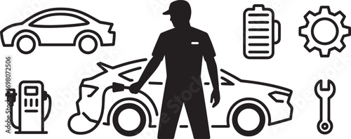 Electric Vehicle Charging Station Outline Icons with Mechanic and Car on Transparent BG