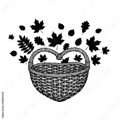 Vector art of wicker basket with heart shaped handle and falling autumn leaves