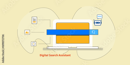 Virtual chatbot assistant navigates internet content from laptop search interface.